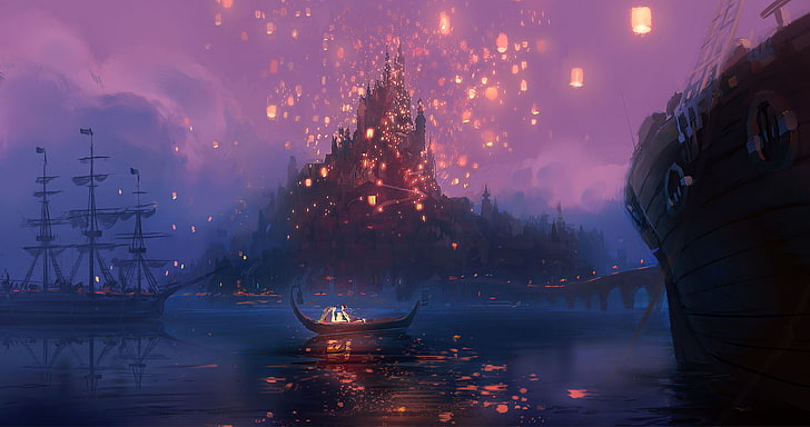 castle and boat, digital art, Tangled, concept art, movies, Disney
