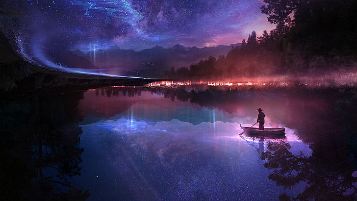 person on boat illustration, digital art, mountains, stars, forest