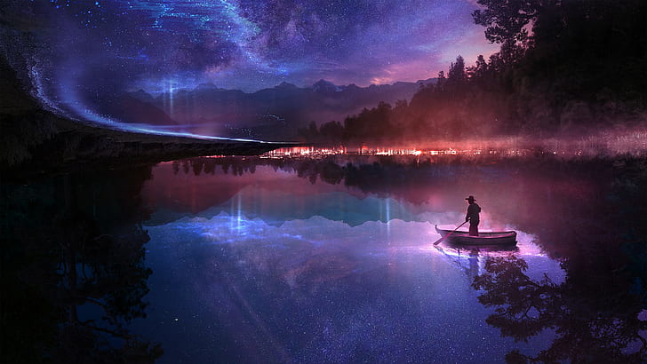 mist, lake, boat, stars, mountains, galaxy, digital art, forest