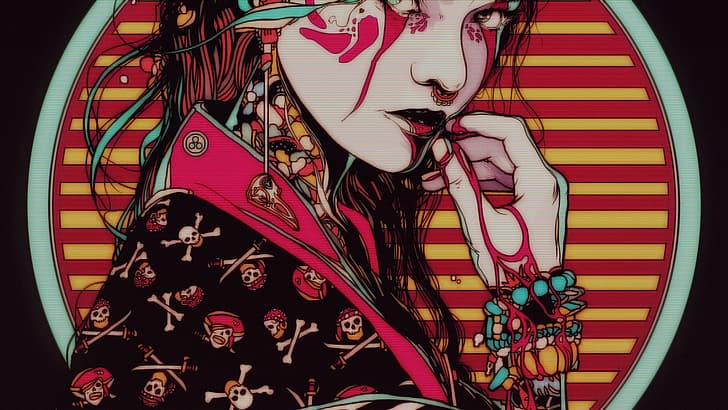 skull, Chinese character, vaporwave, Conrado Salinas, HD wallpaper