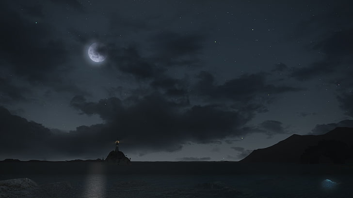 mountain silhouette, Final Fantasy XIV: A Realm Reborn, sea, night, HD wallpaper
