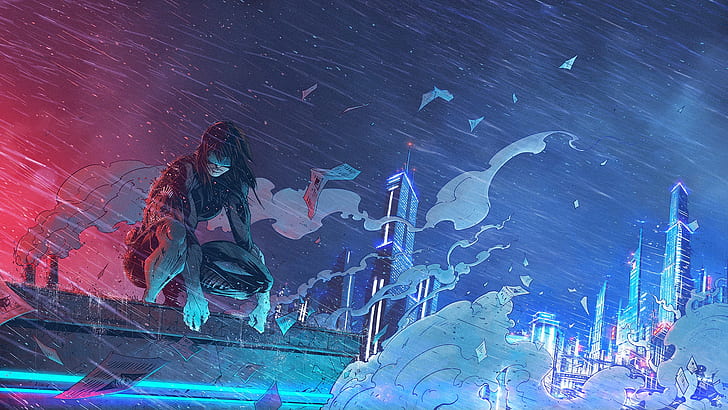 Girl, Figure, The city, Rain, Ghost, Art, Ghost in the Shell, HD wallpaper