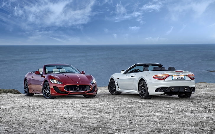 two white and red convertible coups, Maserati, car, white cars