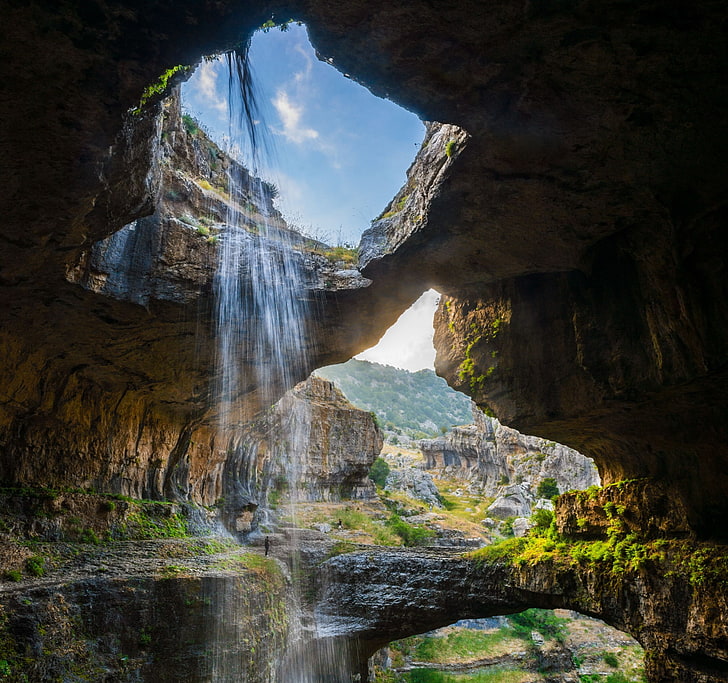 cliff with waterfalls, cave, gorge, Lebanon, erosion, nature