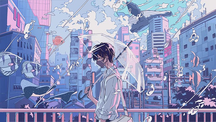 anime boys, original characters, umbrella, anime city, fish