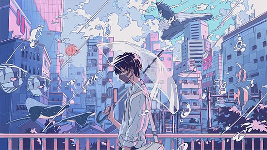 HD wallpaper: anime boys, original characters, umbrella, anime city, fish |  Wallpaper Flare