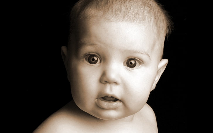 monochrome, portrait, baby, young, headshot, childhood, black background, HD wallpaper