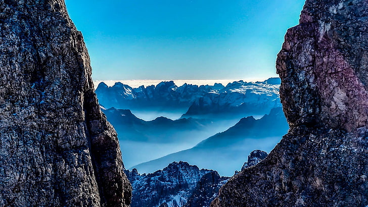 ridge, bluish, blue sky, ridges, rock formations, fog, mount scenery, HD wallpaper