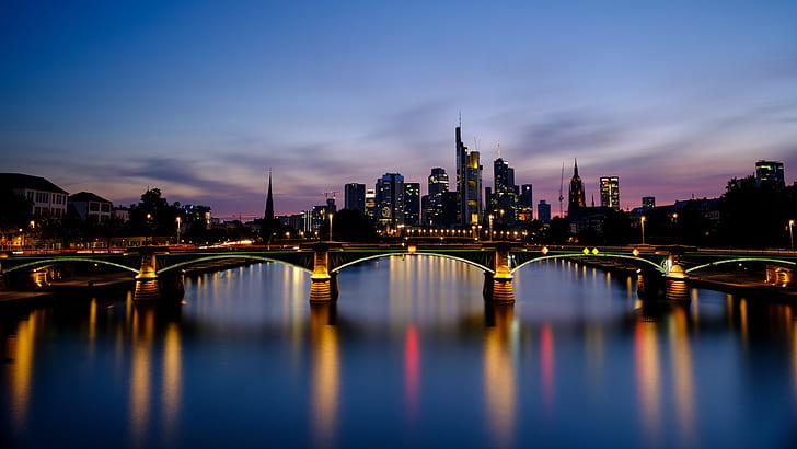 bridge, Germany, Frankfurt, night, lights