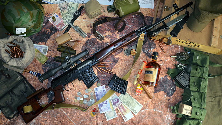 brown dragunov sniper, pomegranate, cigar, binoculars, cartridges