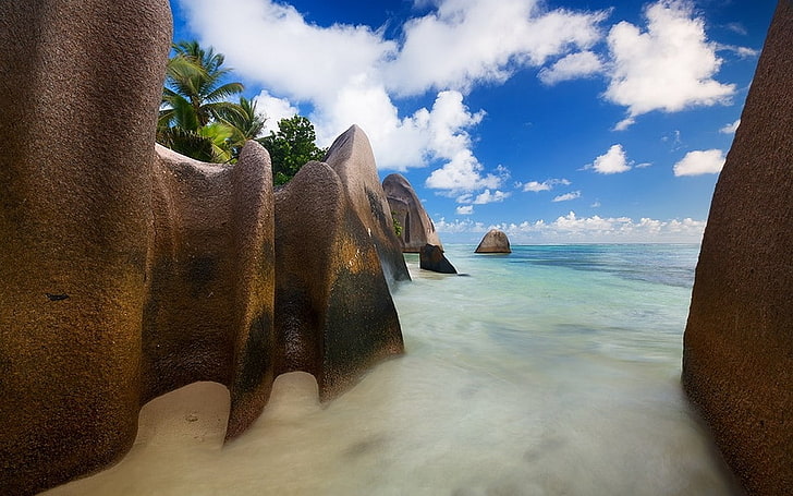 landscape, nature, beach, rock, clouds, sea, sand, palm trees, HD wallpaper