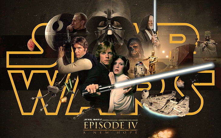 Star Wars Episode IV poster, droids, R2D2, Darth Vader, lightsaber