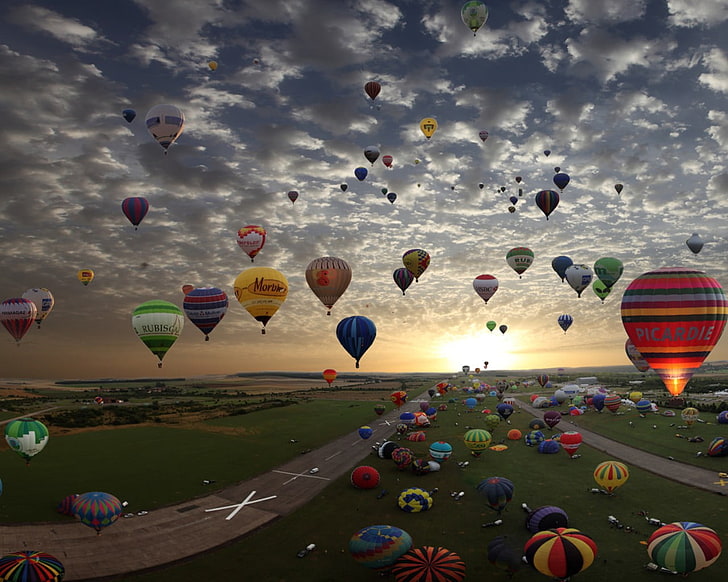 assorted-color air balloons, hot air balloons, landscape, clouds