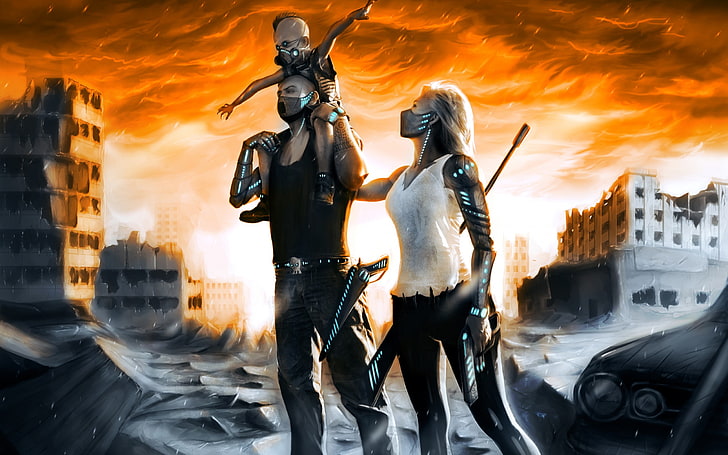 apocalyptic, art, Child, city, clouds, Dark, family, females