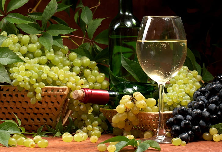 drink, wine, grapes, fruit, bottles, alcohol, HD wallpaper