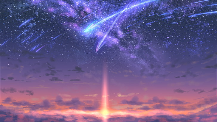 multicolored galaxy wallpaper, meteors, space, sunset, clouds
