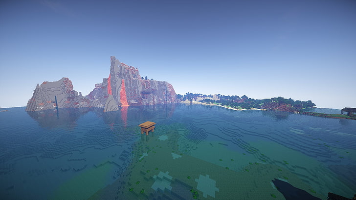 Minecraft application screenshot, lava, water, Sun, sea, mountains