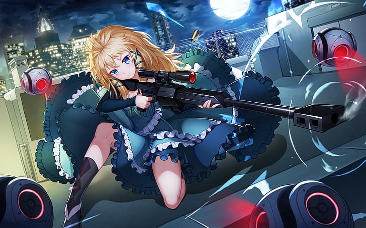 Black Bullet, Tina Sprout, rifles, weapon, solo, night, dress, HD wallpaper