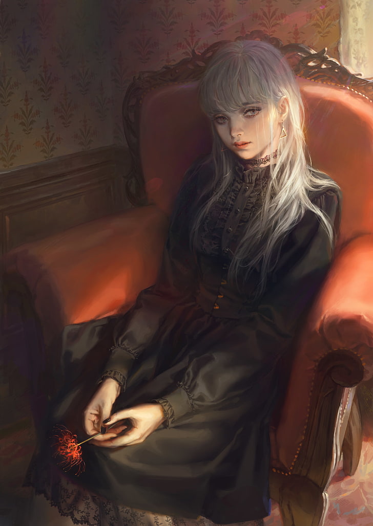 anime girl, sad expression, semi realistic, silver hair, black dress, HD wallpaper