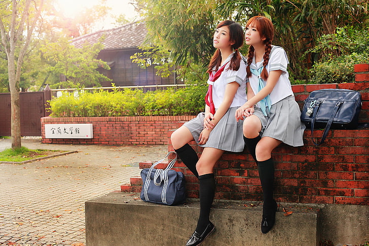 Asian, women, model, schoolgirl, redhead, school uniform, togetherness, HD wallpaper