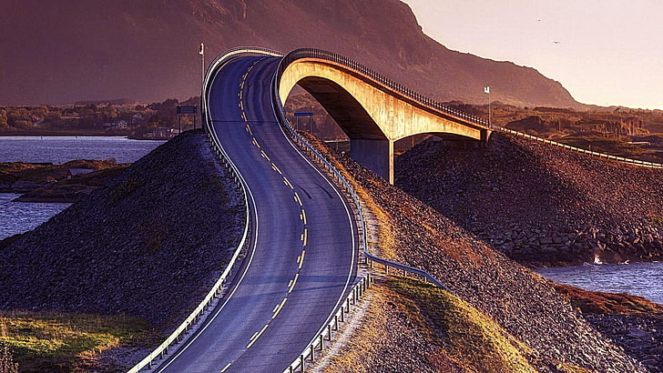 road, norway, infrastructure, sky, atlantic ocean road, highway, HD wallpaper