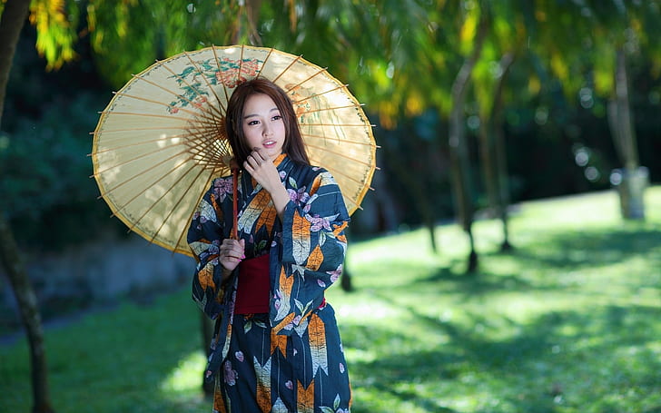 Asian girl, umbrella, retro style dress, HD wallpaper