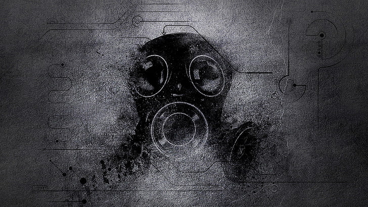 fan art, gas masks, close-up, indoors, old, technology, no people