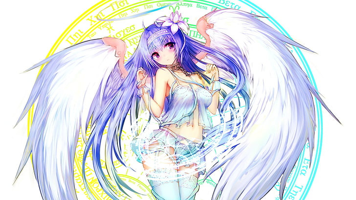 blue wing female anime character, anime girls, purple hair, long hair