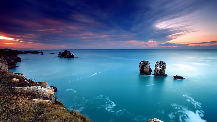 rocks, ocean, blue water, coast, horizon, sunset, scenics - nature, HD wallpaper