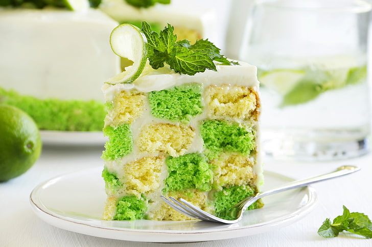 green and white frosted cake with mint topping, food, lime, food and drink, HD wallpaper