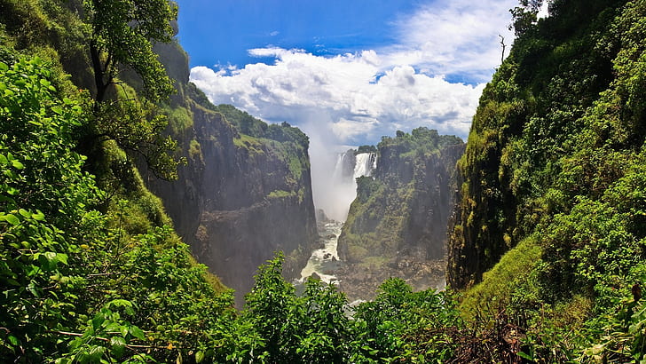 Beautiful landscape, Victoria Falls, Zimbabwe, cliffs, clouds, waterfalls