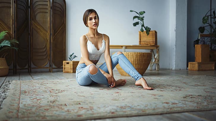 girl, jeans, sitting, Sergey Fat, Anastasia Lis, Sergey Zhirnov, HD wallpaper