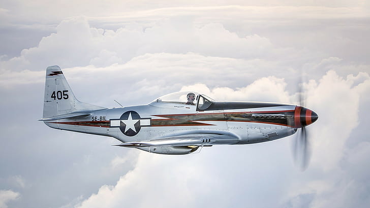 aircraft, North American P-51 Mustang, clouds, pilot, sky