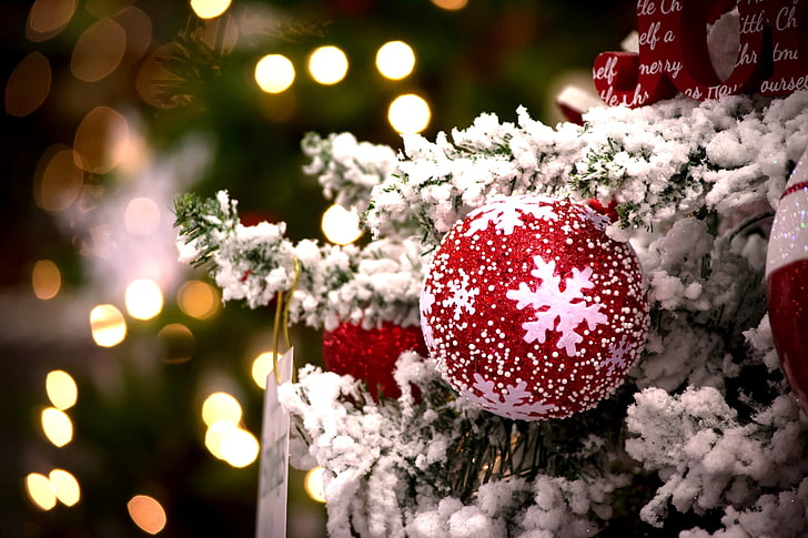 white and red snowflake print Christmas bauble, winter, lights, HD wallpaper