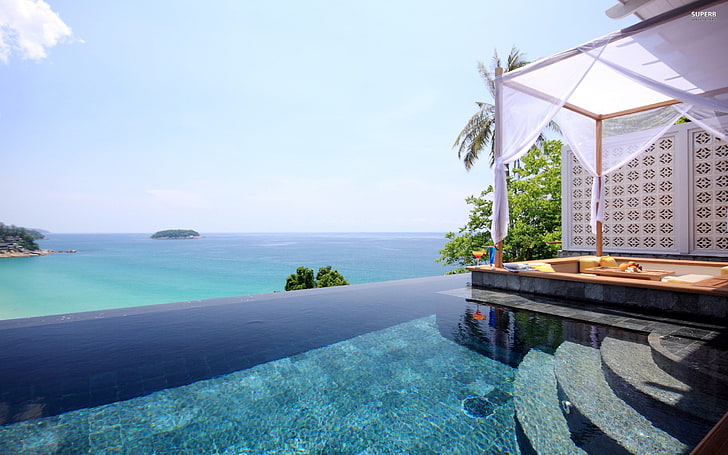 lovely beach house-Landscape photography wallpaper, infinity pool