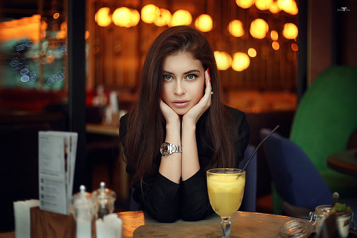 women, portrait, depth of field, red nails, table, cocktail, HD wallpaper