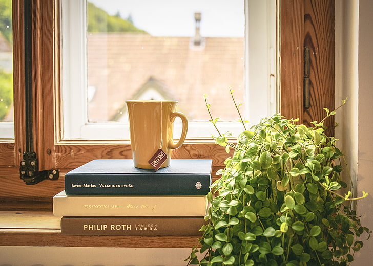 yellow ceramic mug, book, cup, tea, window sill, houseplant, wood - Material, HD wallpaper