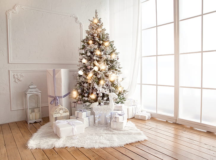 decoration, toys, tree, New Year, Christmas, gifts, white, design