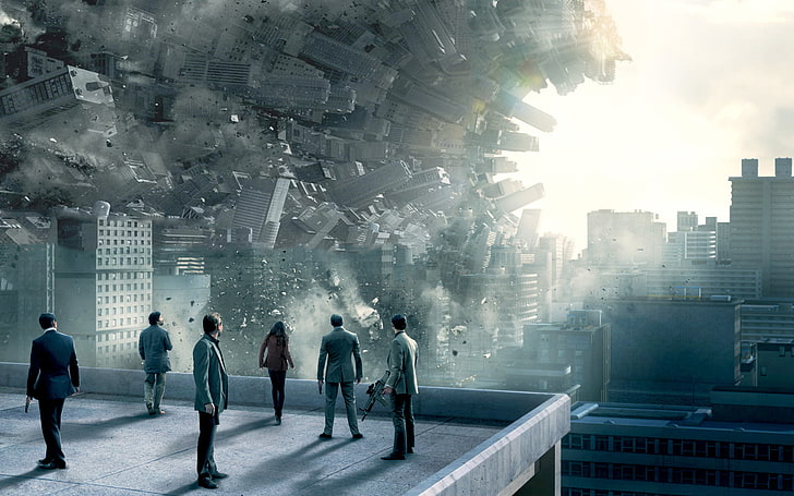video game application, people standing on top of building near buildings falling digital wallpaper, HD wallpaper