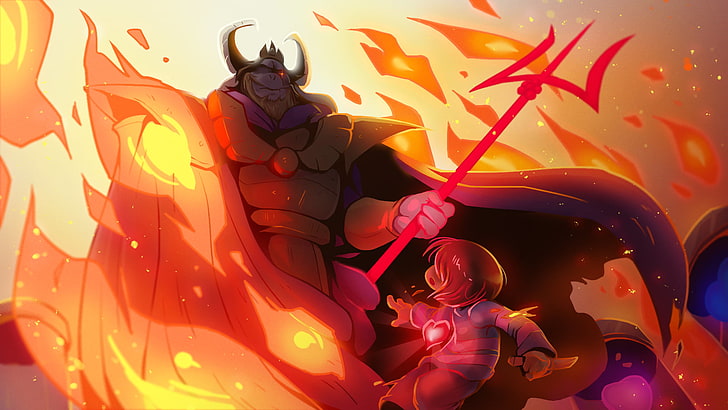 monster holding trident chasing boy wallpaper, devil illustration, HD wallpaper