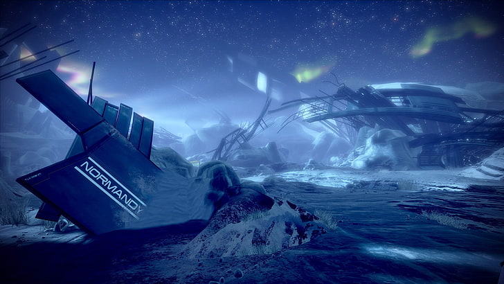 Mass Effect, normandy sr-1, video games, night, nature, sea, HD wallpaper