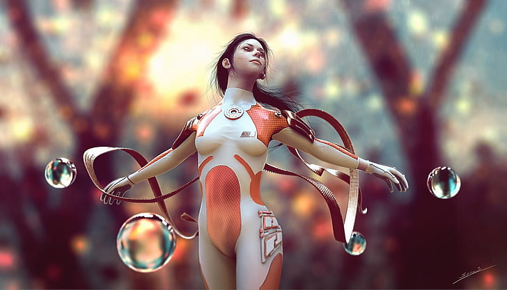 women's white and orange bodysuit, render, CGI, beauty, focus on foreground
