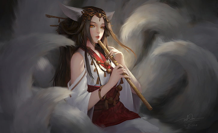 fantasy art, fox girl, flute, one person, arts culture and entertainment