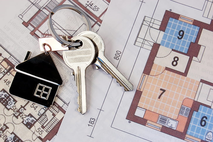 two gray metal keys, macro, mood, house, keychain, construction, HD wallpaper