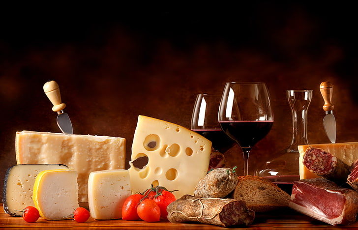 assorted cheese and root crop food, wine, glasses, bread, meat, HD wallpaper