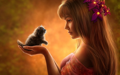 HD wallpaper: Girl And Kitten, black kitten, Anime / Animated, cat,  fantasty | Wallpaper Flare