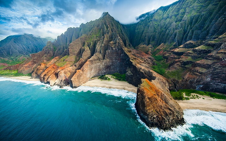 Nature, Landscape, Aerial View, Coast, Beach, Cliff, Sea, Mountain, Clouds, Rock, Kauai, HD wallpaper