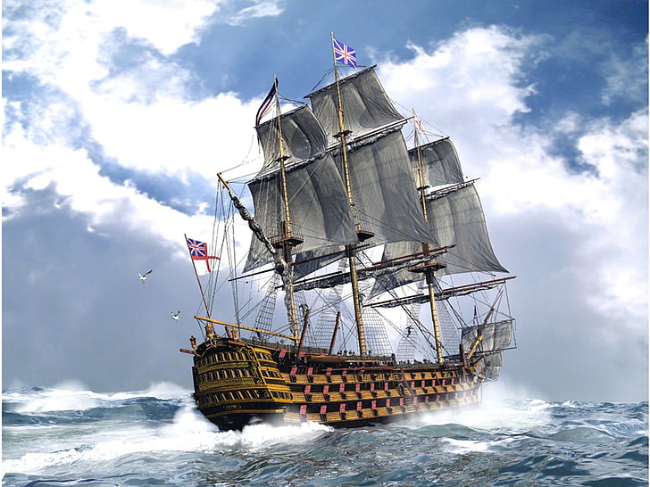 brown and white galleon ship, England, sailing ship, sea, man-of-war