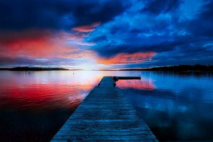 nature, clouds, dock, water, evening, lake, landscape, reflection, HD wallpaper
