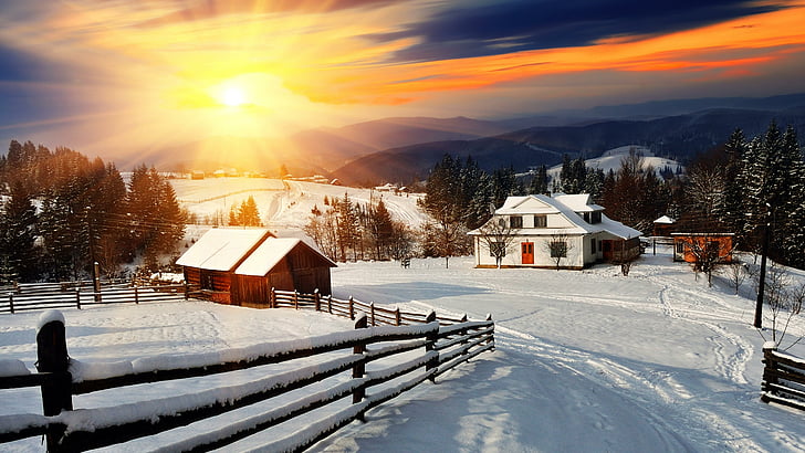 winter, village, fence, snow, mountain village, sky, sunrise, HD wallpaper